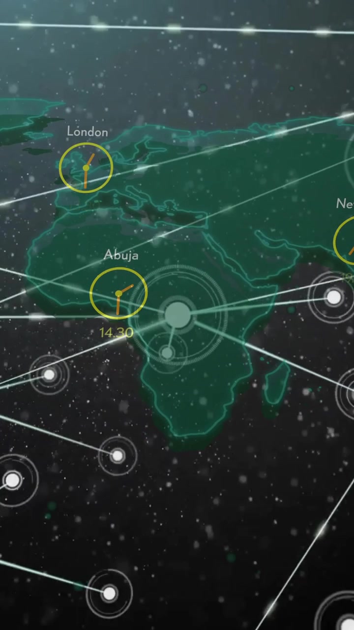 World map with interconnected cities and time zones, global network animation