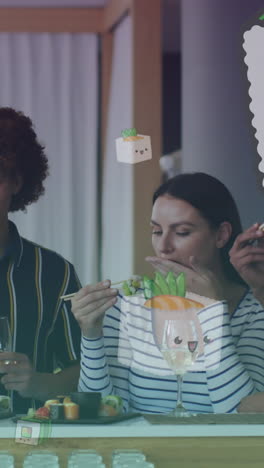 animation of sushi icons over happy diverse friends eating sushi