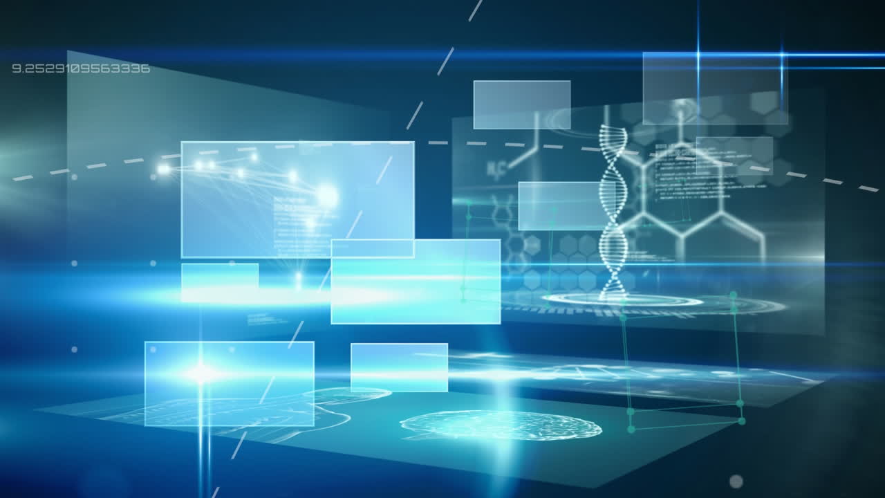 의료 데이터 처리 및 파란색 배경에 대한 빛의 점과 디지털 인터페이스