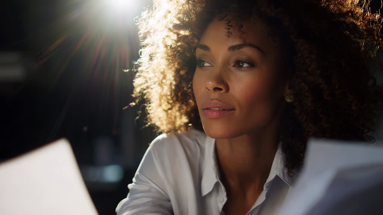 Captivating Portrait of a Thoughtful Woman with Curly Hair, Illuminated by Soft Light, Engaged in Reflective Contemplation, Surrounded by Papers in a Dimly Lit Space, Evoking a Sense of Introspection and Creativity