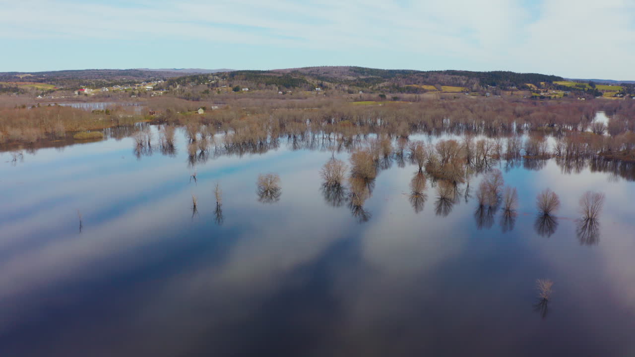 Climate change and global warming demonstrated in an aerial view of a flooded river