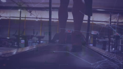 animation of dots connected with lines over low section of diverse people running on treadmills
