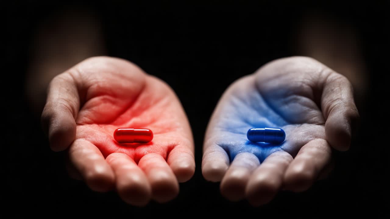 Una Elección Dramática Entre Dos Caminos: La Píldora Roja y la Píldora Azul Simbolizando la Toma de Decisiones y las Consecuencias en una Narrativa Visual Cautivadora