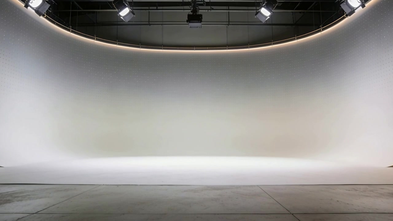 Lighting rig powering up bathing white cyclorama at film studio, preparing space for shoot