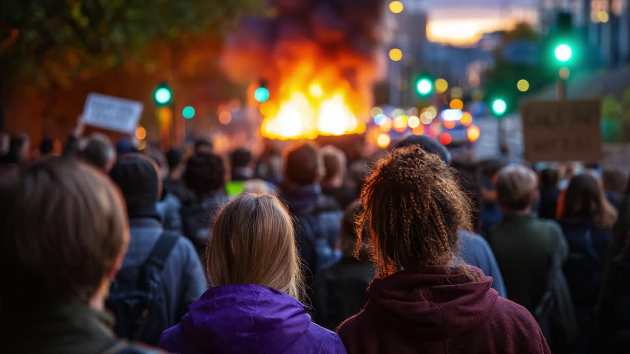 Manifestazione intensa: una folla osserva il caos infuocato che si scatena mentre le tensioni aumentano in una scena di protesta urbana con luci multicolore e fumo che riempiono l'aria