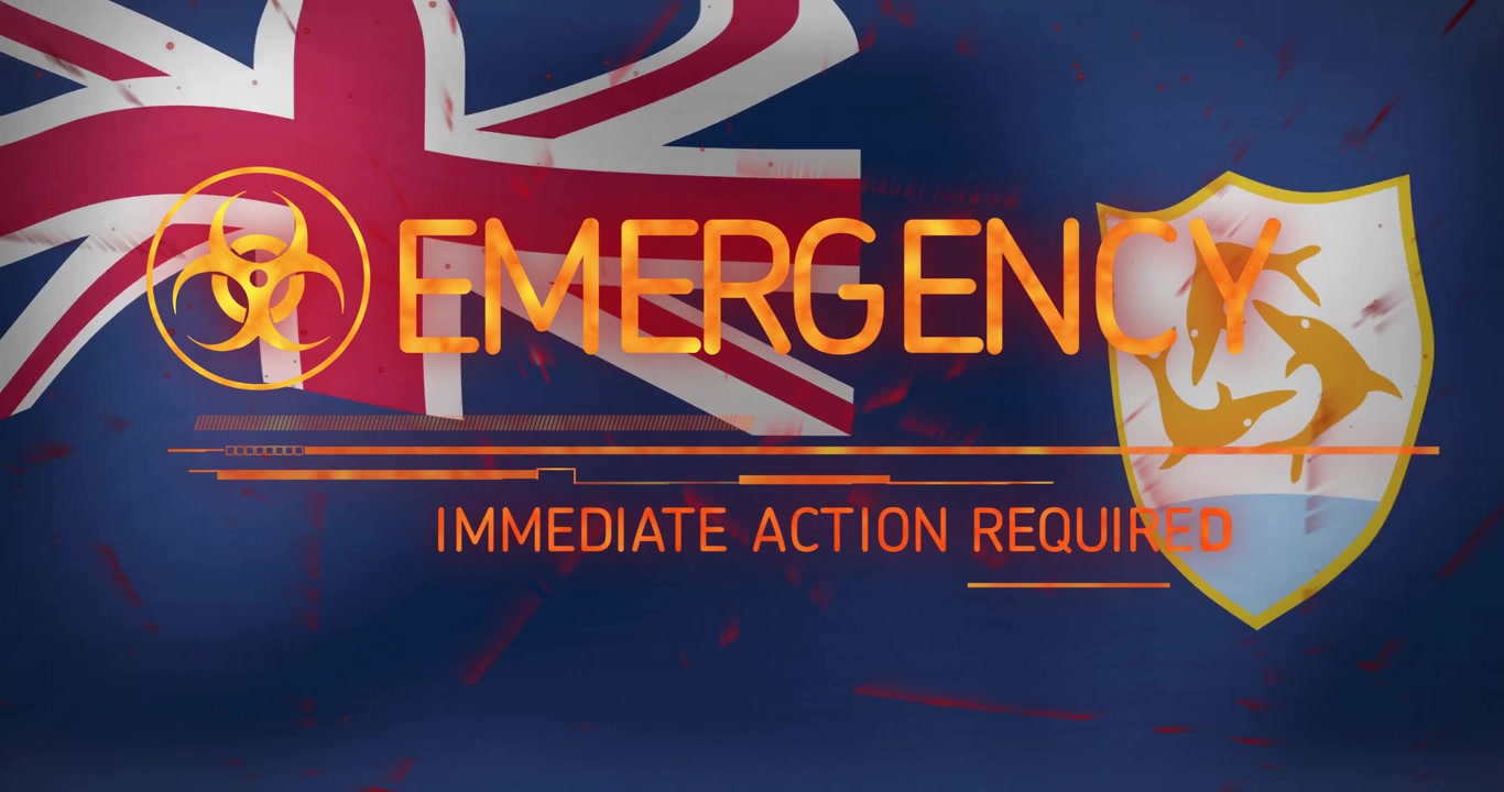Testo di allerta di emergenza sopra la bandiera britannica con simbolo di rischio biologico.