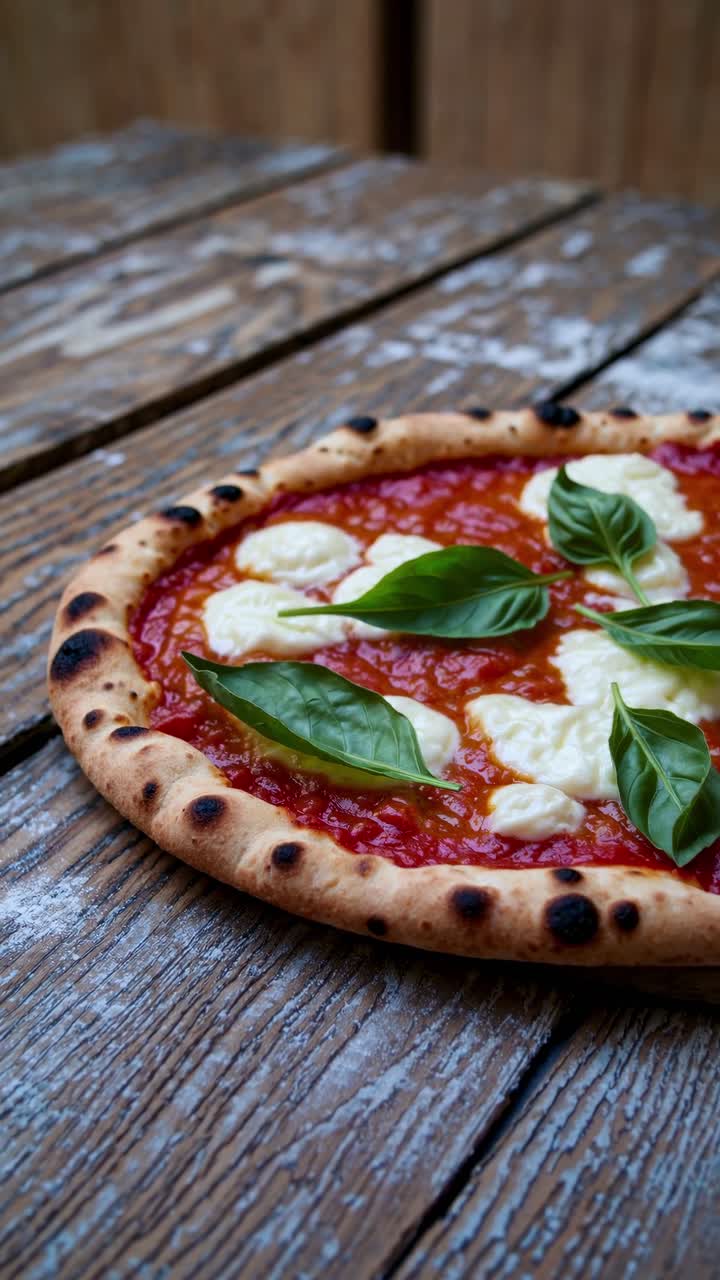 Pizza rústica sobre uma mesa de madeira, fotografada de um ângulo baixo.