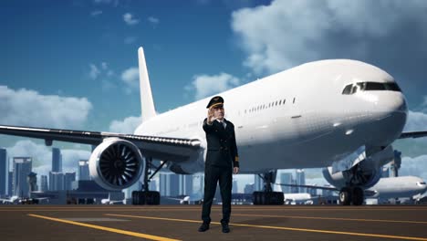 cuerpo lleno de piloto hombre asiático mirando a la cámara y desaprobando sin señal de mano en el aeródromo con el avión en el fondo