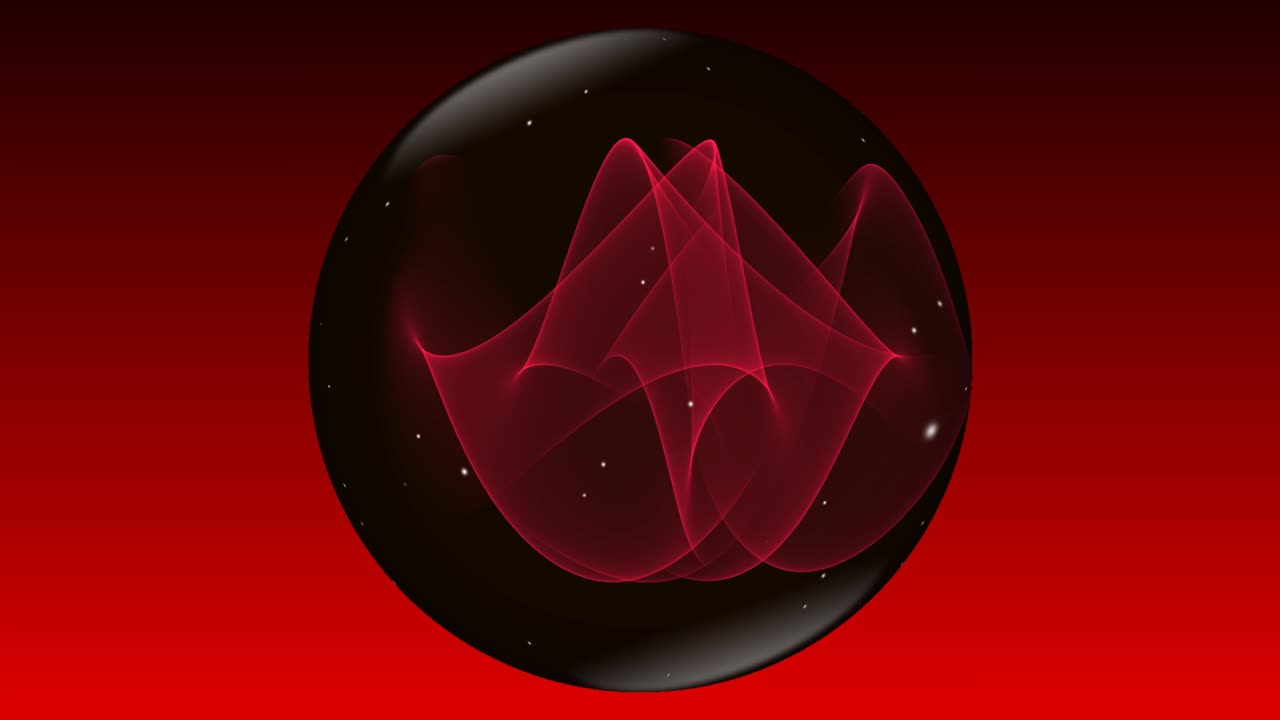 검은색과 빨간색의 디자인으로 마법의 신비로운 구형으로 작은 색 날아다니는 반이는 빨간색과 검은색의 그라디언트 배경에 회전합니다.