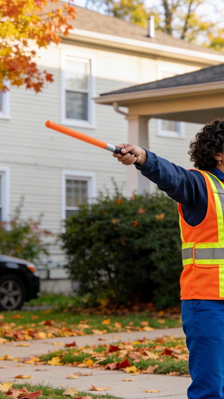 Vertical video: Shift start, woman in hivis vest pointing orange baton at suburban yard, copy space