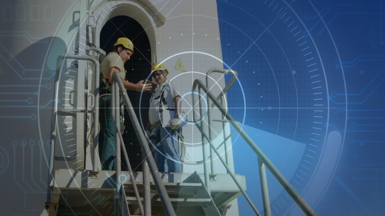 Wearing safety gear, workers on industrial stairs with animation overlay
