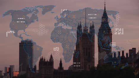 animation of world map and data processing over london cityscape