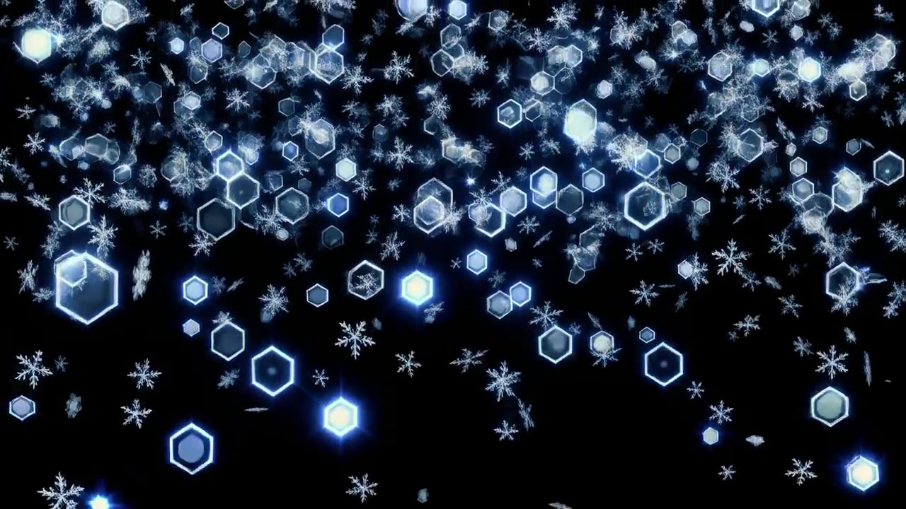 黒い背景に舞い落ちる雪の結晶と光る六角形の粒子