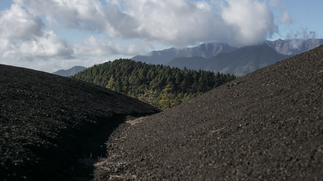 Volcanic Landscape with Pine Trees and Mountains