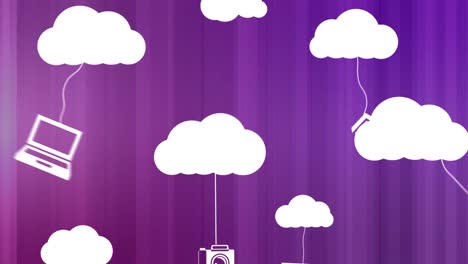Blue-cloud-moving-with-networks-icons-on-purple-background