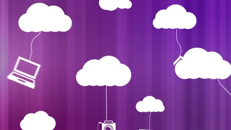 blue cloud moving with networks icons on purple background