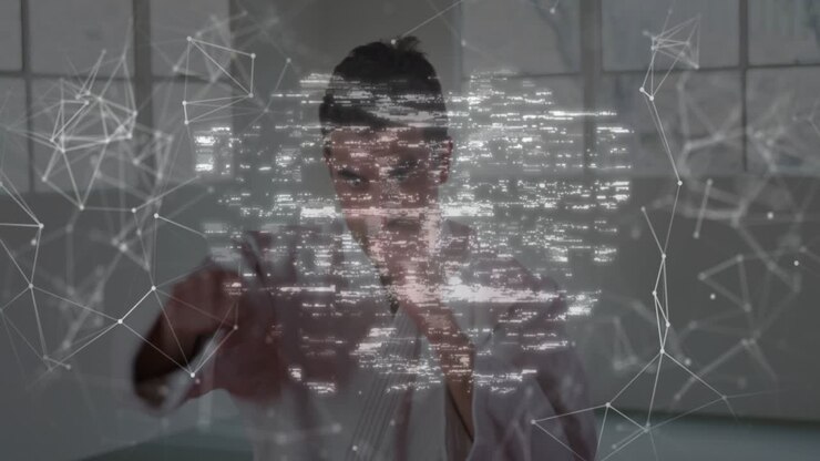 Man initiating digital overlay and pushing hologram shield, stabilizing fingerprint security access