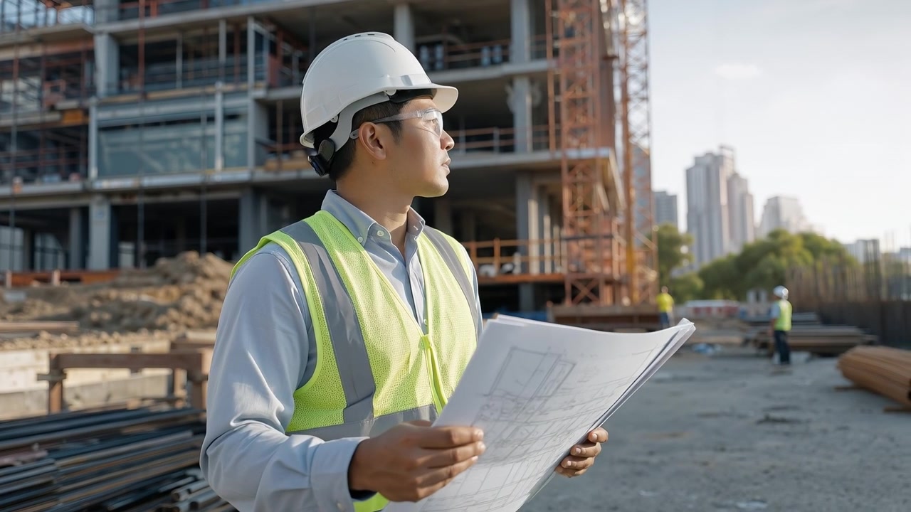 Ingeniero civil con casco y chaleco de seguridad revisando planos en una concurrida obra de construcción urbana.