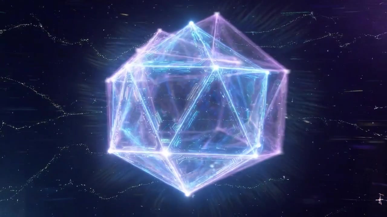Abstraktit siniset ja violetit geometriset muodot pyörivät ja sulautuvat yhteen.