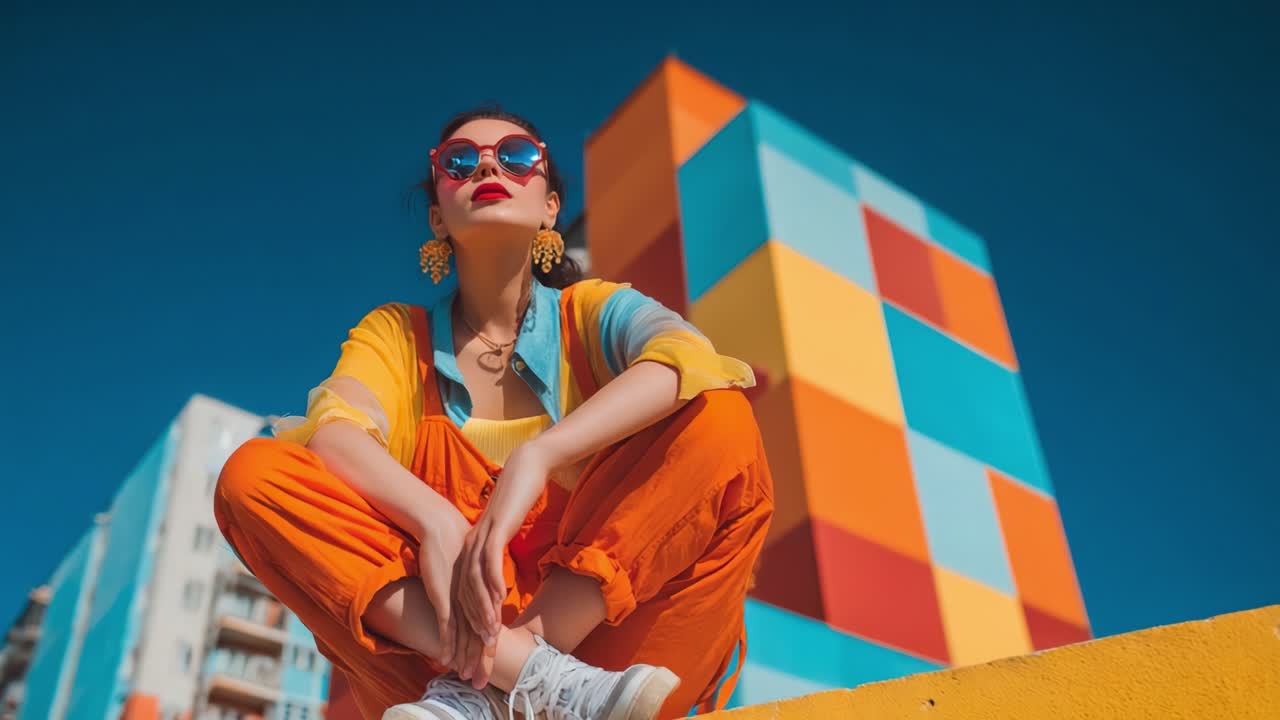 A fashionable woman poses confidently in a vibrant urban setting, showcasing her stylish outfit and bold accessories against a backdrop of colorful geometric architecture and a clear blue sky