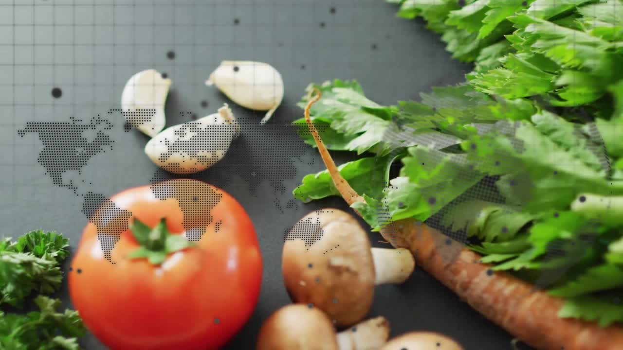 Inizialmente divisione dell'aglio, inserimento di erbe aromatiche, spostamento di prodotti, scorrimento di pomodori, rotazione per layout radiale