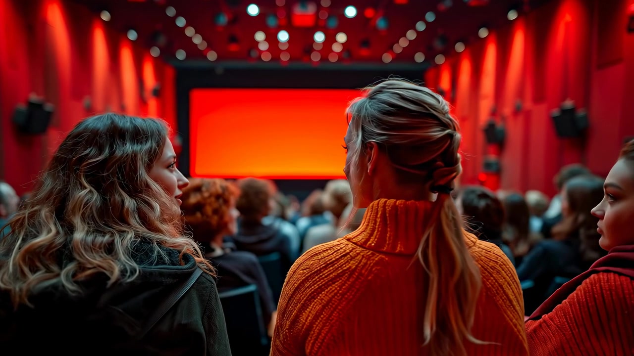 Pubblico che guarda uno schermo rosso vuoto in una sala cinematografica. Vista posteriore di persone in una sala cinema con pareti rosse che guardano uno schermo rosso-arancio luminoso.