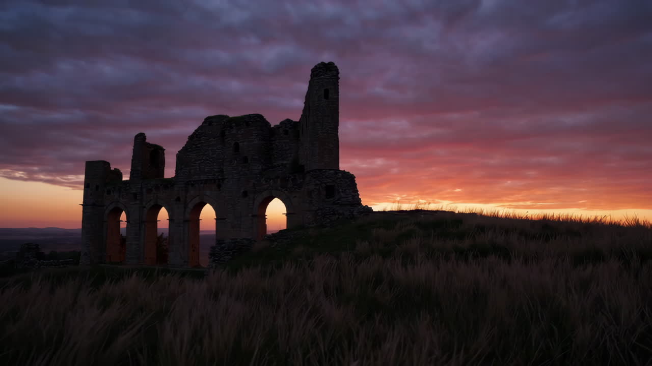 Sunset over an ancient castle ruin