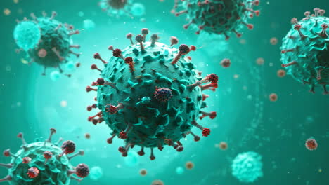 a close up of a red virus with a blue background. the virus is surrounded by a lot of red and blue particles