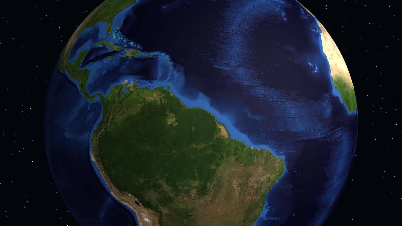 La Terra ruota e zooma sulla Colombia, evidenziando l'Armenia con un segnaposto e un pannello di dati informativo