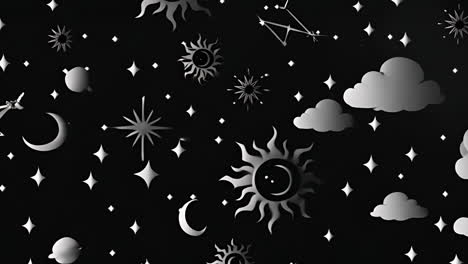 el sol, la luna, las estrellas y las nubes animación sobre fondo negro