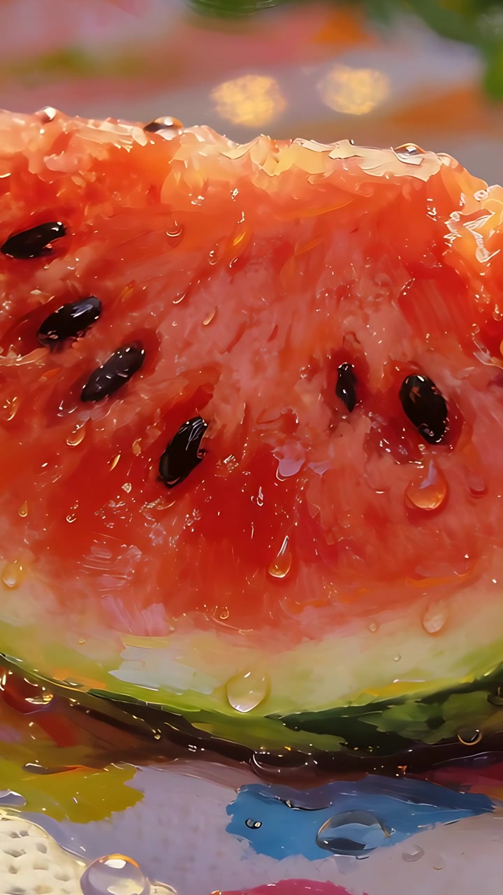 Vertical video: Focus nudging camera in on watermelon slice on patterned cloth, showing droplets