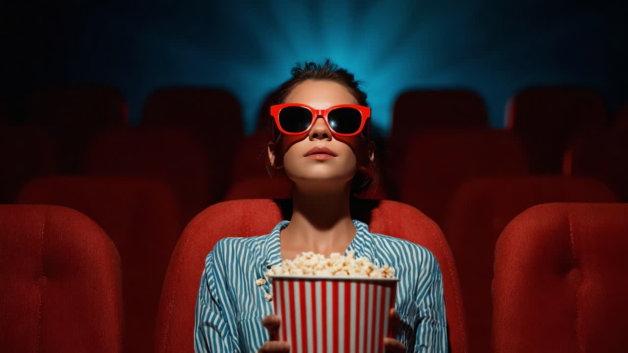 Fortryllende filmoplevelse: Ung kvinde nyder film med popcorn og stilfulde solbriller i livlige biografomgivelser