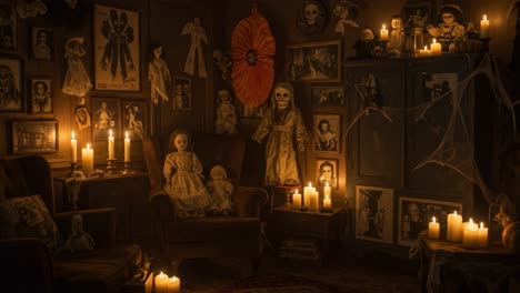an eerie display of vintage dolls and candles in a darkened room adorned with spooky art and haunted decorations
