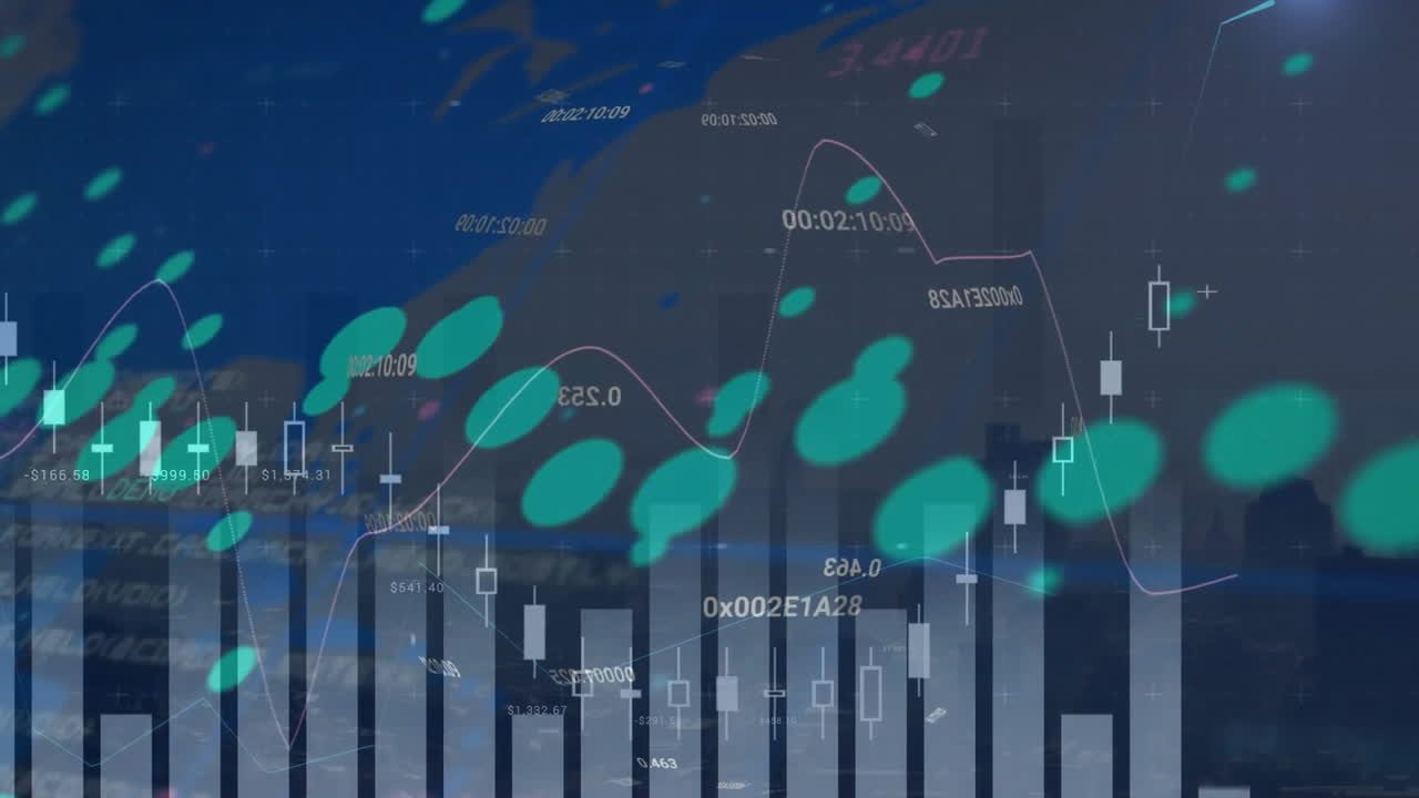 Animation av flera grafer och siffror mot silhuettbyggnader i stad.