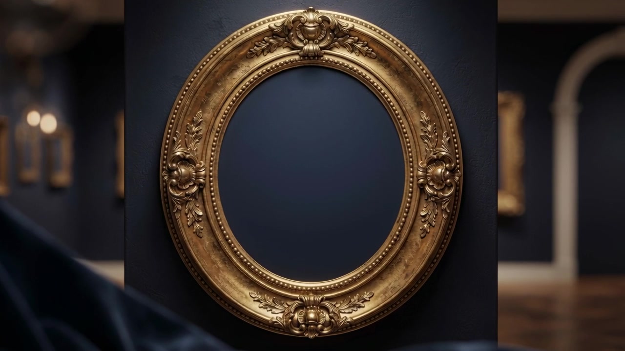 Playback starting camera pushing in on empty oval frame on navy backing in gallery, showing detail
