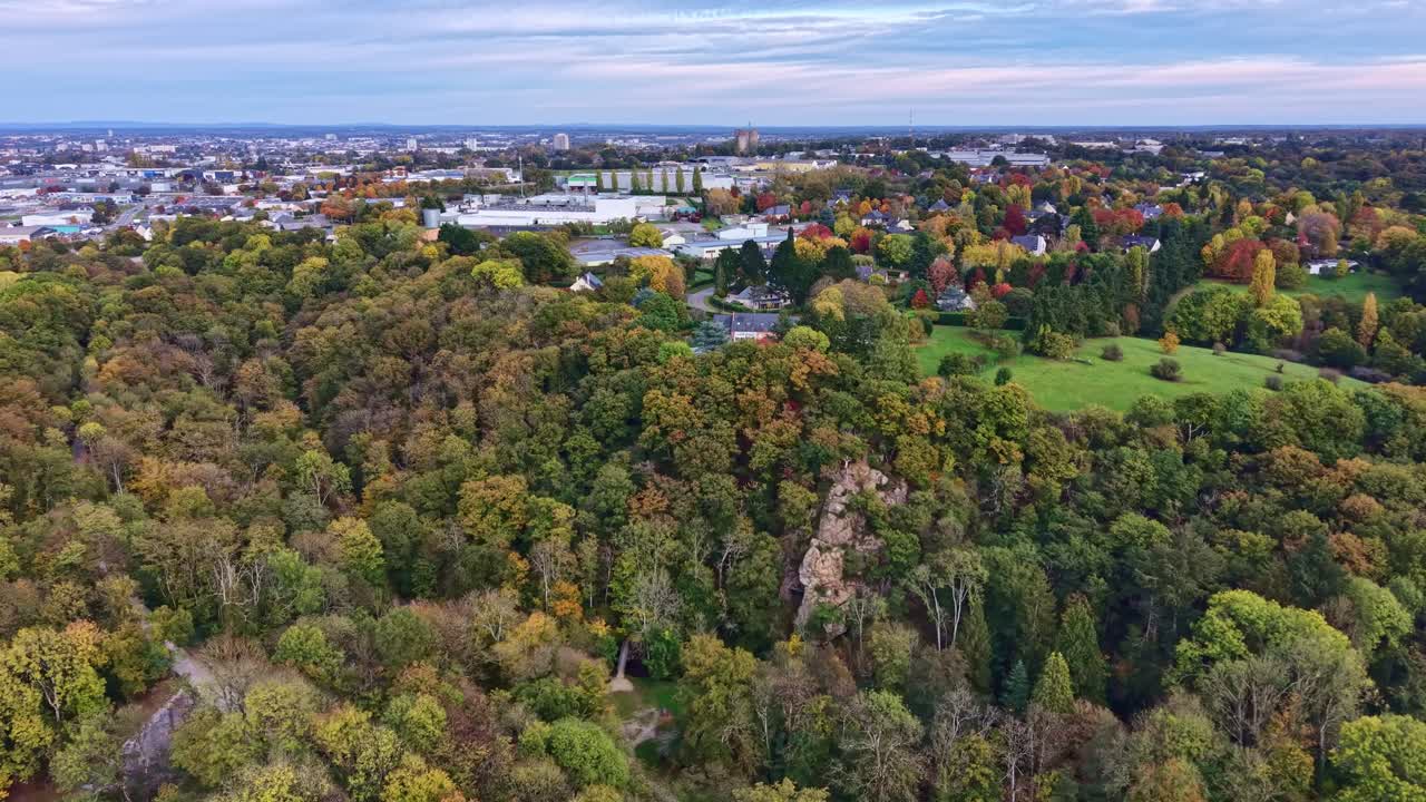 Aerial Drone View over the Autumn Forest of Concise in Saint-Berthevin near Laval, France