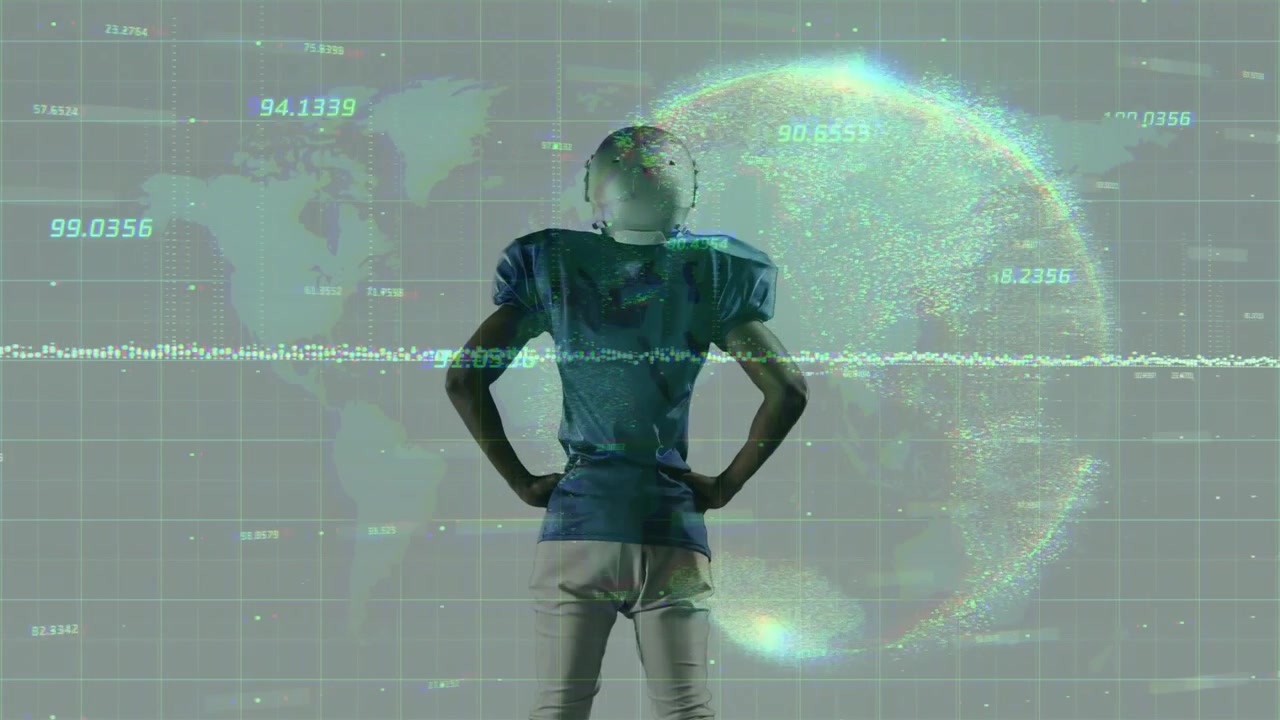 Male athlete posing while data overlay triggers helmet emerging and globe glowing for sports tech