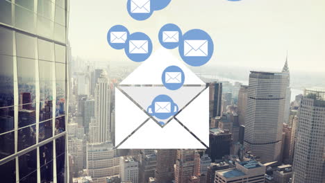 Animated-email-icons-over-cityscape-with-skyscrapers-in-background