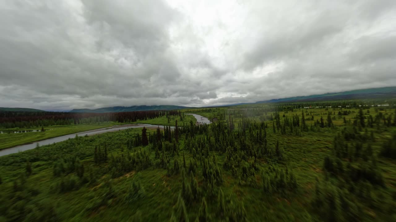Drone aereo FPV che vola sopra il paesaggio dell'Alaska in una giornata piovosa, sopra alberi verdi lussureggianti e un ruscello d'acqua blu.