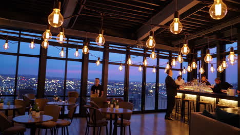 elegant rooftop bar with city skyline view at dusk