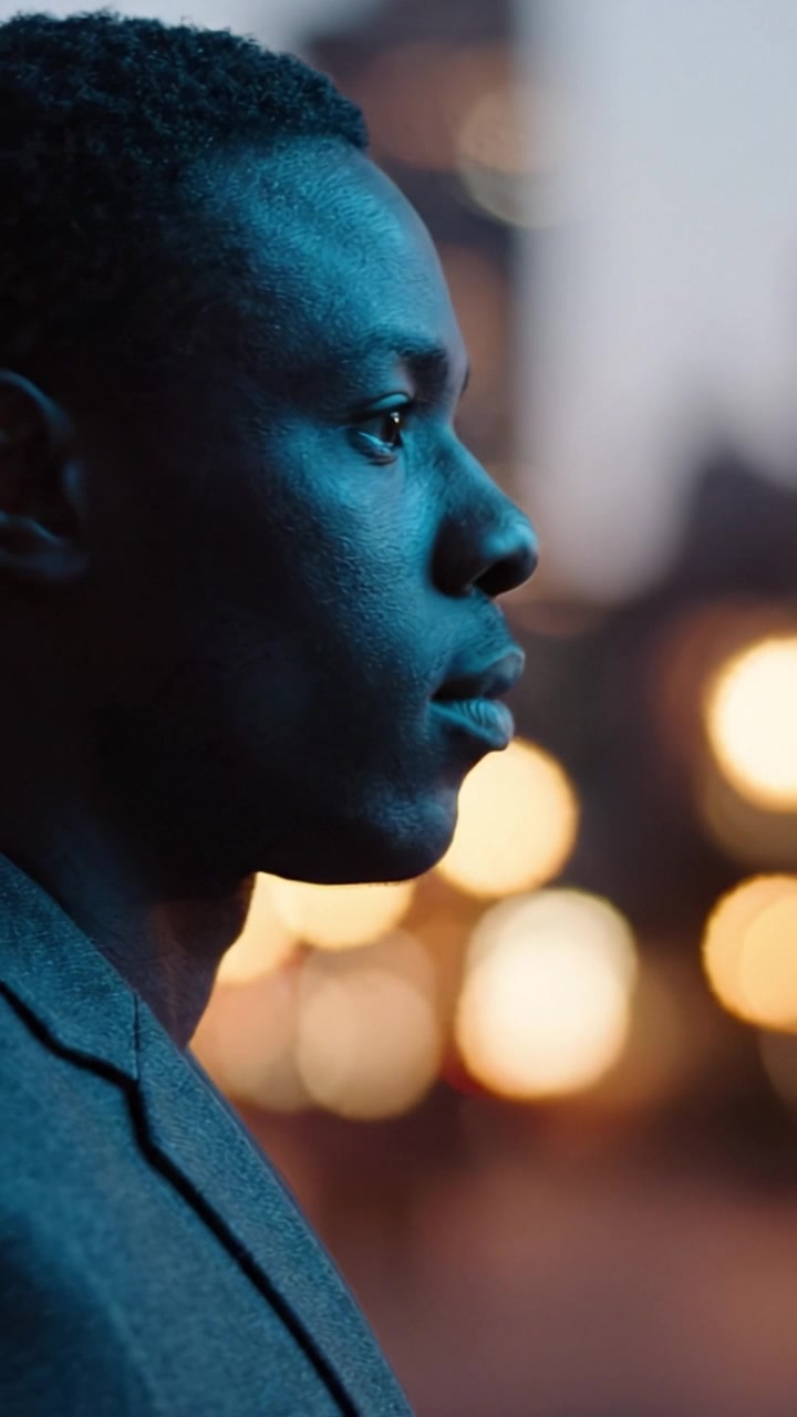 A Contemplative Moment: A Close-Up Profile Shot of a Young Man Against a Blurred City Background with Soft Bokeh Lighting at Dusk Highlighting His Features