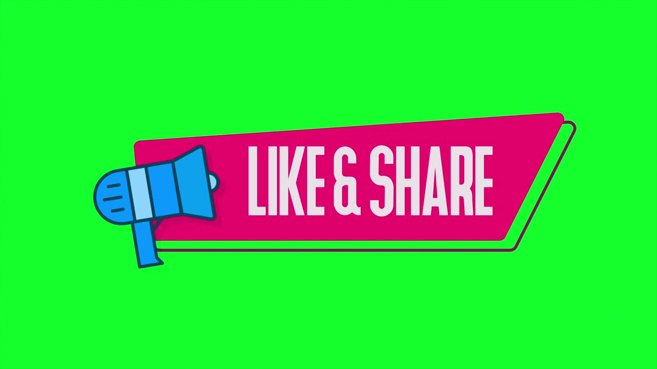 Like shere text animated megaphone with speech bubble title highlight slide closing in, chroma green screen shot.
