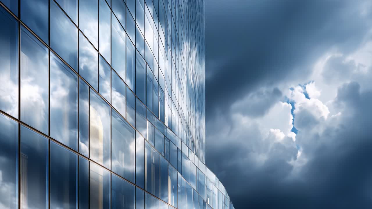 Reflective Glass Facade of Modern Building Under Dramatic Cloudy Sky Showcases Architectural Elegance and the Play of Light on Surfaces at Twilight