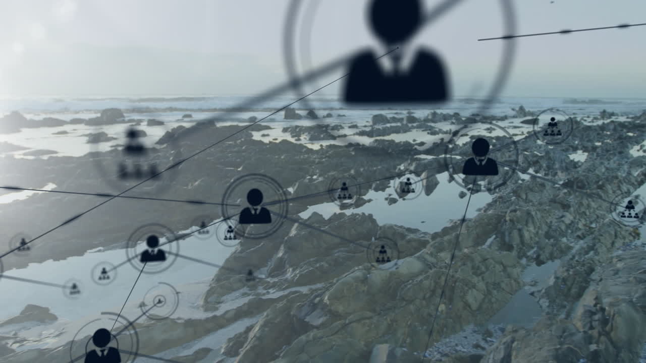 animación de la red de conexiones con iconos sobre el paisaje de las montañas