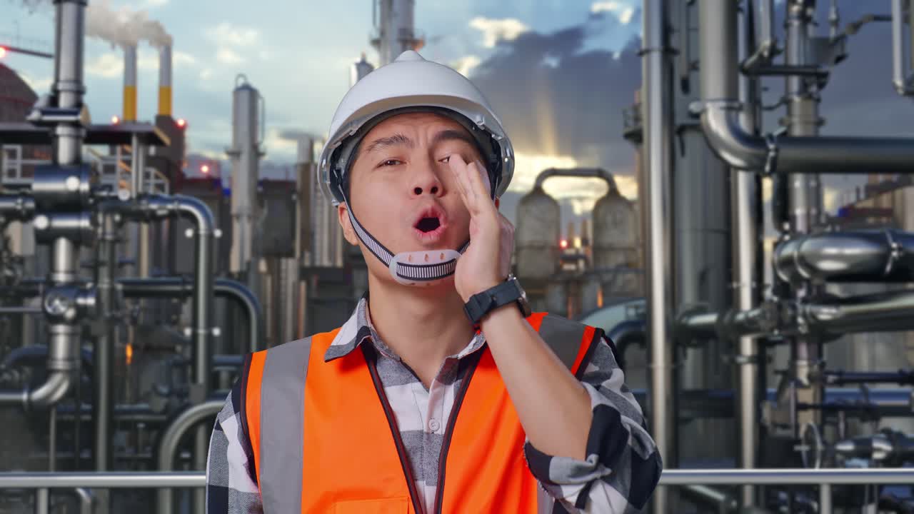 Close Up Of Asian Male Engineer With Safety Helmet Yelling With Hand Over Mouth While Standing In a Refinery, Oil Processing Equipment And Machinery