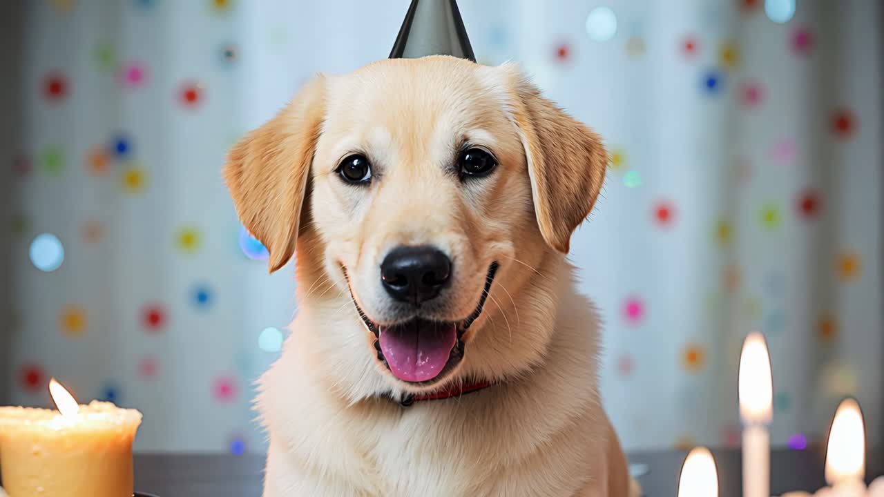 Playful golden retriever puppy sitting at decorated table, wearing festive party hat, gazing directly at camera with birthday candles glowing nearby