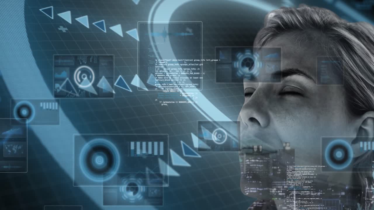 Animation of digital interface with data processing over woman's face