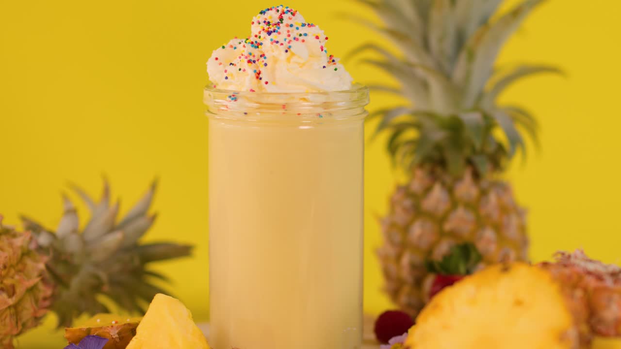 Hand adds cherry to whipped cream-topped pineapple milkshake, bright yellow background, vibrant studio lighting