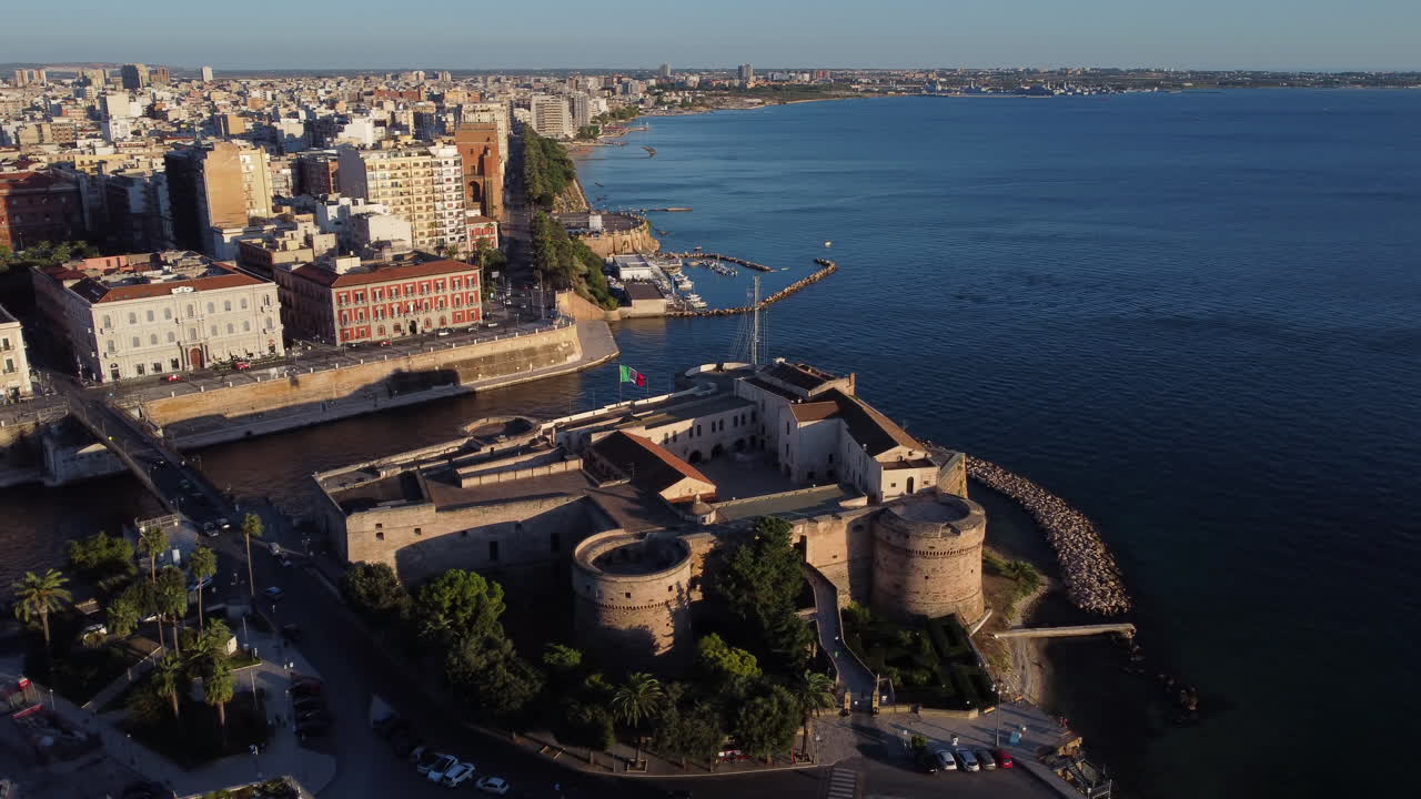 Aerial Orbit Around Seaside Fortress Castello Aragonese in Taranto