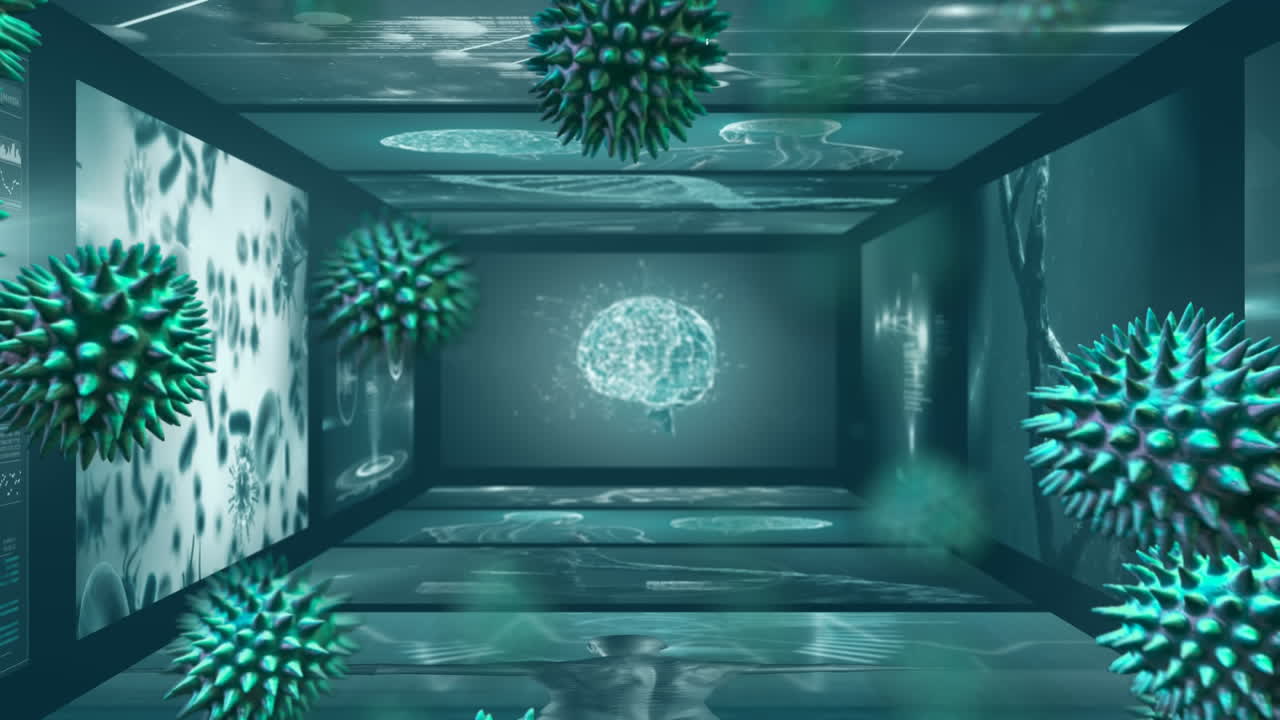 macro células de coronavirus que fluyen y se propagan sobre la pantalla de las exploraciones médicas